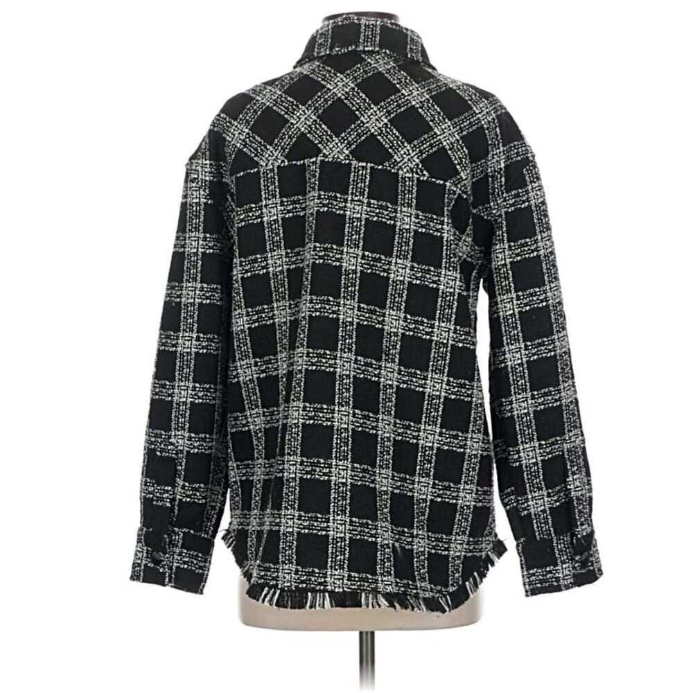 House of Harlowe 1960 black white plaid fringe trim shacket jacket size S - Picture 5 of 7
